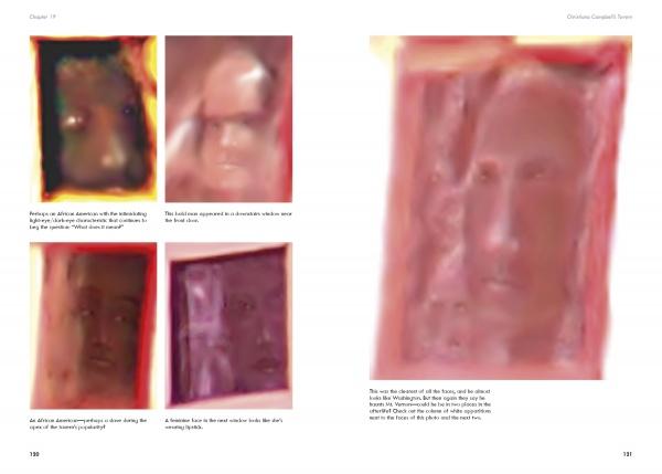 On the left page of "Breakthrough Ghost Photography of Haunted Historic Colonial Williamsburg, Virginia Part II" by Schiffer Publishing, Ltd., four blurred portraits in pink-orange-red appear opposite a large, abstract pink face evoking Williamsburg spirits.