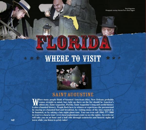 A collage with actors as historical figures by gravestones, a map, and bold "Florida Where to Visit: Saint Augustine" text. A yellow Florida shape tops it—ideal for haunted place fans. From Eerie America by Schiffer Publishing, Ltd.