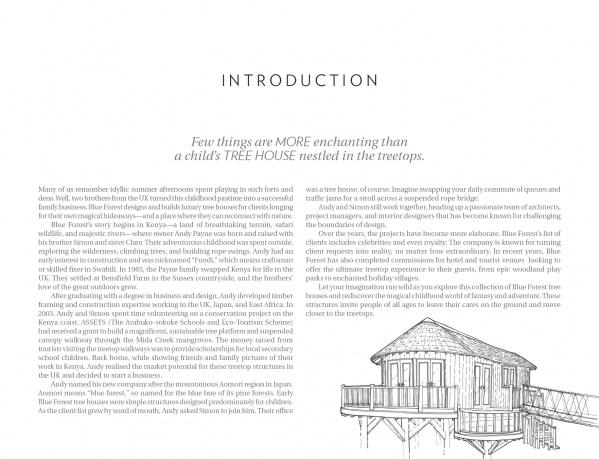 A page titled INTRODUCTION in Schiffer Publishing, Ltd.’s Tree Houses Reimagined features a quote about the enchantment of a child’s tree house, a detailed sketch of a round Blue Forest tree house with deck and stairs, and a block of text.