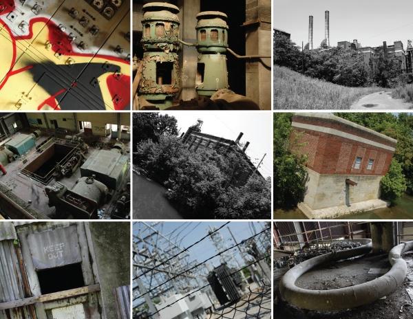 Urban Atrophy" by Schiffer Publishing, Ltd. features a collage of nine photos depicting abandoned industrial buildings, rusted machines, overgrown structures, power lines, warning signs, and decaying factories in the mid-Atlantic.