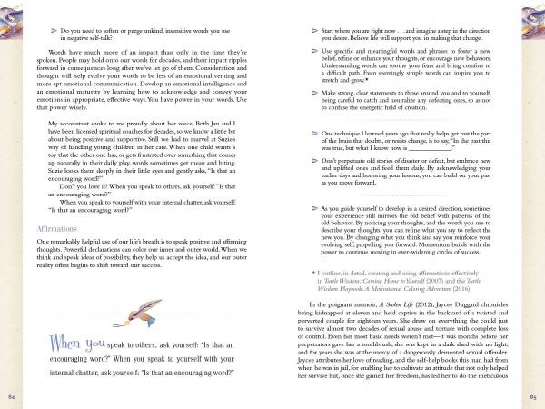 A scanned page from "As You Feel, So You Heal" by Schiffer Publishing, Ltd. features tips for kids' self-esteem, healing journaling prompts, a quote on self-talk, and abstract patterned borders in the corners.