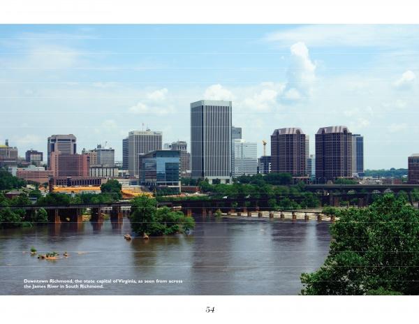James River Reflections" by Schiffer Publishing, Ltd. captures downtown Richmond’s skyline—tall office towers and historic brick buildings viewed across the James River with trees, water, and a partly cloudy sky—perfect for Virginia photography lovers.