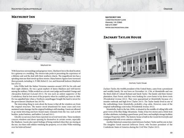 Two pages from *Haunted Charlottesville and Surrounding Counties* by Schiffer Publishing, Ltd. show black-and-white photos and text: Mayhurst Inn, a noted haunted site, and the grand Zachary Taylor House in Charlottesville.