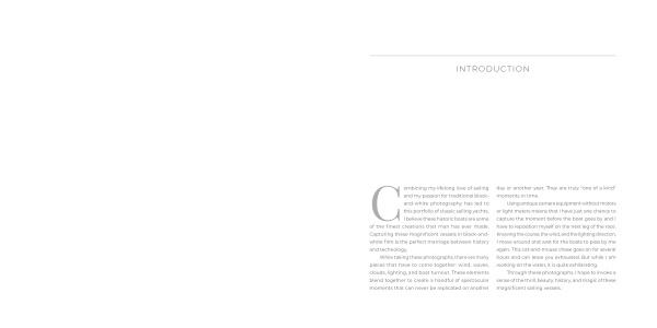 A minimalistic book spread with mostly white space. The right page reads INTRODUCTION with a brief text. The left is nearly blank, except for decorative text at the bottom about Sailboats by Schiffer Publishing, Ltd.