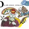 Willie the Taxi Cat, from Schiffer Publishing, Ltd., drives in a suit and red hat while a whistling weasel with a starry blue scarf whirls above. Colorful music notes and a rainbow trail behind them. Text: “One wildly whiskered, whistling weasel.”.