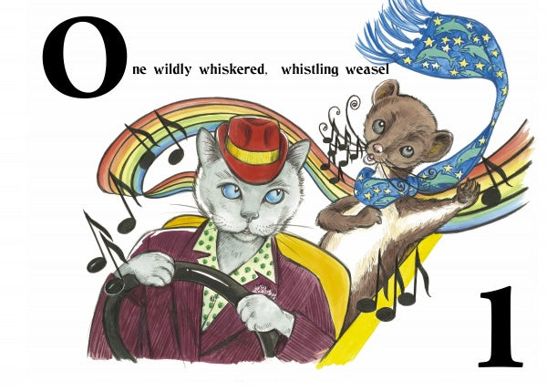 Willie the Taxi Cat, from Schiffer Publishing, Ltd., drives in a suit and red hat while a whistling weasel with a starry blue scarf whirls above. Colorful music notes and a rainbow trail behind them. Text: “One wildly whiskered, whistling weasel.”.