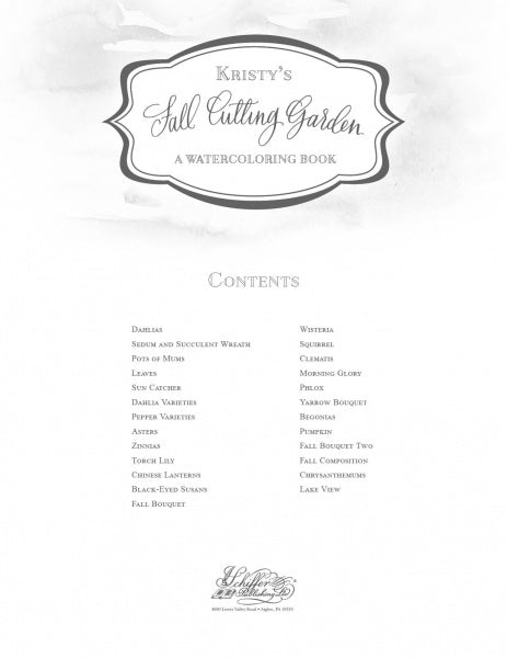 The cover of Kristy's Fall Cutting Garden by Schiffer Publishing, Ltd. displays a decorative title and a contents list with fall floral illustrations, animals, and garden themes.
