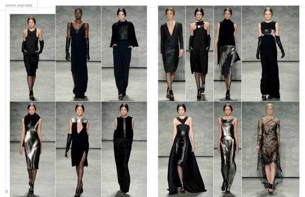 The SFP LookBook: Mercedes-Benz Fashion Week Fall/Winter 2014 Collections by Schiffer Publishing, Ltd. presents twelve models in chic black and metallic evening gowns, each showcasing diverse designs and 2014 trends against a minimalist gray backdrop.