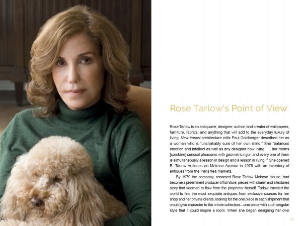 A woman with wavy light brown hair and a green turtleneck sits indoors, holding a small fluffy dog on her lap. Text about "Branding + Interior Design" by Schiffer Publishing, Ltd. appears on the right side of the image.