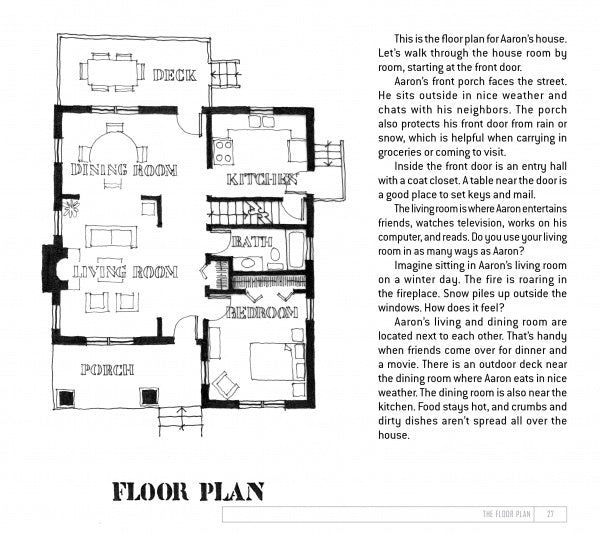 The Future Architect's Handbook by Schiffer Publishing, Ltd. features a black-and-white house floor plan with labeled rooms and clear usage explanations—ideal for aspiring architects.
