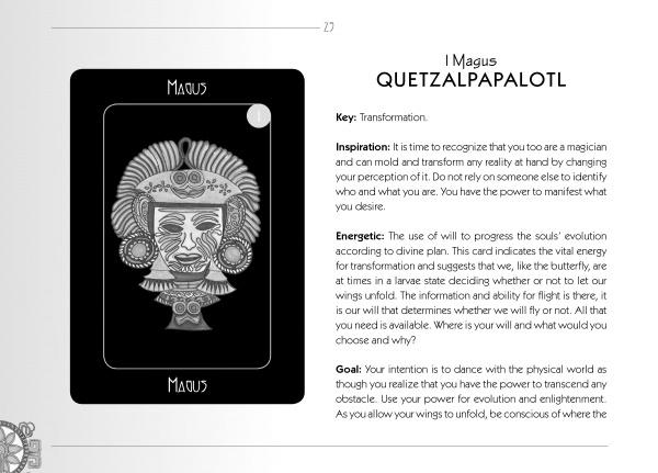 The Star Road Map by Schiffer Publishing, Ltd. includes a tarot card labeled Magus with an intricate Quetzalpapalotl in ornate headdress. Text explores the card’s key, meaning, and goal in this 78-card Mesoamerican divination set.