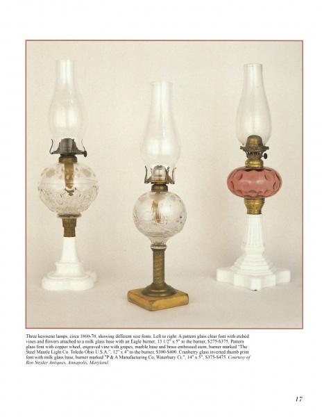 Three antique kerosene lamps with glass fonts and tall chimneys are showcased side by side, as featured in the "Antique Lamp Buyer's Guide" from Schiffer Publishing, Ltd.—a must-have for any lighting identification or collector's reference.