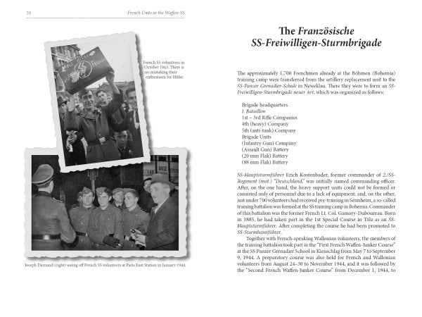 A page from "French Units in the Waffen-SS" (Schiffer Publishing, Ltd.) shows two black-and-white photos: French Waffen-SS volunteers raising a flag and a group of French SS men in winter coats, with text on the Charlemagne Division in WWII.