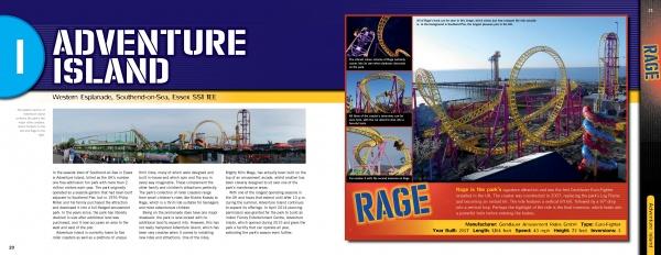 A spread from Schiffer Publishing, Ltd.'s "Coasting Around the UK" showcases Adventure Island, highlighting its thrilling rides with vivid roller coaster photos—including RAGE, the striking yellow and red looping coaster.