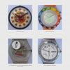 A grid of four wristwatches featured in "Electrifying the Wristwatch" by Schiffer Publishing, Ltd.: a colorful dragon Pop Swatch, multicolored Scuba Swatch, transparent electromechanical watch, and silver Swatch Irony Aluminum with white dial.