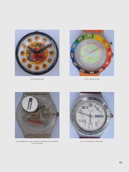 A grid of four wristwatches featured in "Electrifying the Wristwatch" by Schiffer Publishing, Ltd.: a colorful dragon Pop Swatch, multicolored Scuba Swatch, transparent electromechanical watch, and silver Swatch Irony Aluminum with white dial.