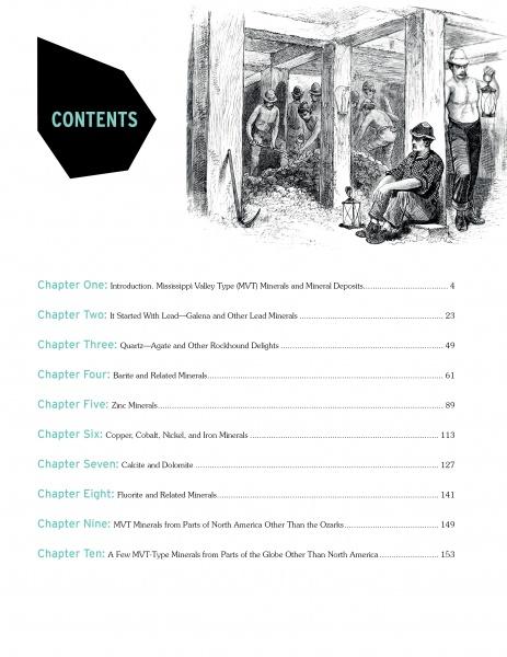 The table of contents for "Mineral Treasures of the Ozarks" by Schiffer Publishing, Ltd. features an illustration of miners and lists chapters on collectible mineral specimens, Ozarks minerals, metals, mining topics, and page numbers.