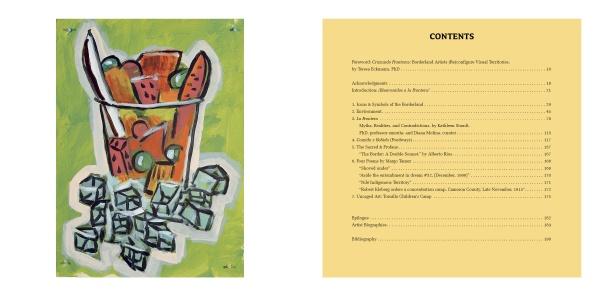 An illustration from "Icons & Symbols of the Borderland" by Schiffer Publishing, Ltd. shows a glass with an orange drink, green olives, and ice on the left; a yellow table of contents page listing chapters appears on the right.