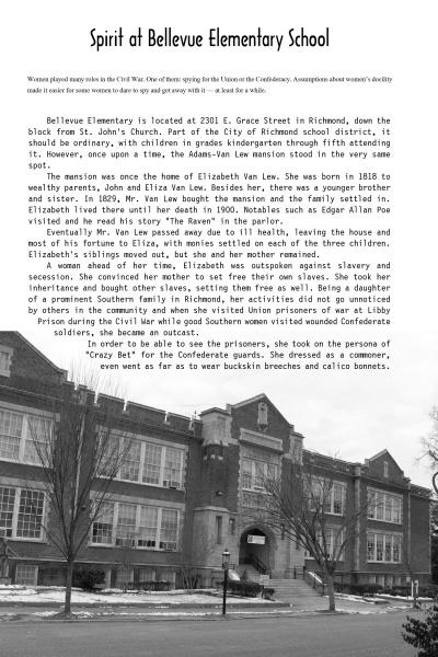Black-and-white photo of Bellevue Elementary School, a historic brick building. Above, Haunted Richmond II by Schiffer Publishing, Ltd. explores the school's history and its ties to haunted Richmond legends.