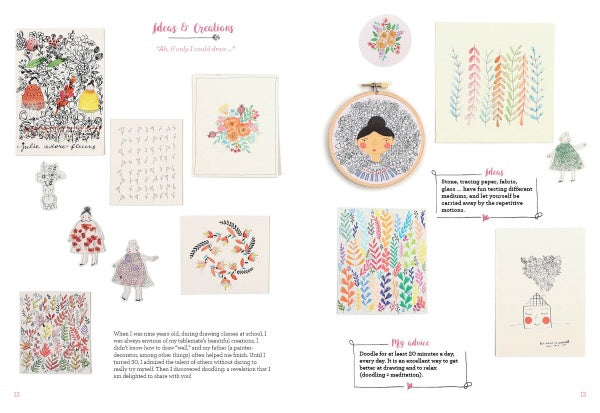 The Floral Doodling Handbook by Schiffer Publishing, Ltd. features colorful hand-drawn art, dolls, embroidery, tips, and creative advice on art journaling and experimenting with different mediums.