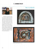 A woman smiles beside pottery shelves. Below, two ceramic reliefs—an arched and a square piece—showcase abstract, earthy designs, inspired by New England artists featured in "100 Artists of New England" from Schiffer Publishing, Ltd.