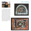 A woman smiles beside pottery shelves. Below, two ceramic reliefs—an arched and a square piece—showcase abstract, earthy designs, inspired by New England artists featured in "100 Artists of New England" from Schiffer Publishing, Ltd.