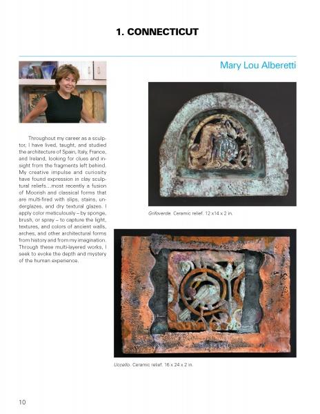 A woman smiles beside pottery shelves. Below, two ceramic reliefs—an arched and a square piece—showcase abstract, earthy designs, inspired by New England artists featured in "100 Artists of New England" from Schiffer Publishing, Ltd.