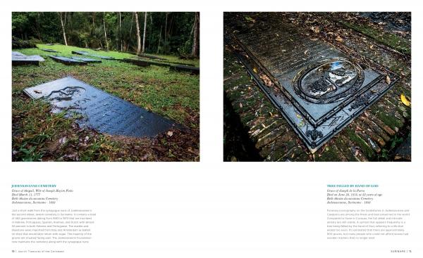 Two images from "Jewish Treasures of the Caribbean" (Schiffer Publishing, Ltd.): moss-covered gravestones in a forested Jewish cemetery—one shows leaning headstones on grass, the other a close-up of an engraved stone.