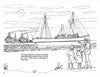 A black-and-white illustration from the U.S. Life Saving Coloring Book by Schiffer Publishing, Ltd. shows two tugboats trying to refloat a stranded ship as four people watch from the shore, imagining a rescue; text appears below the scene.