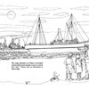 A black-and-white illustration from the U.S. Life Saving Coloring Book by Schiffer Publishing, Ltd. shows two tugboats trying to refloat a stranded ship as four people watch from the shore, imagining a rescue; text appears below the scene.
