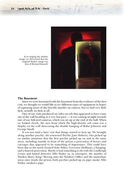 A page from Folklore of the New Jersey Shore by Schiffer Publishing, Ltd. features a shadowy photo with a caption about a mysterious image, plus text on paranormal basement investigations and New Jersey legends like the Jersey Devil.