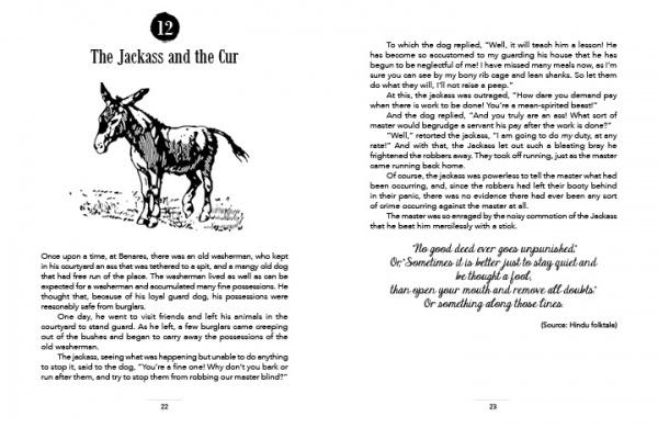 Two pages from "50 Famous Fables and Folk Tales" by Schiffer Publishing, Ltd. show a donkey illustration and the story "The Jackass and the Cur," featuring classic tales with art, text, and quotes that teach important moral lessons.
