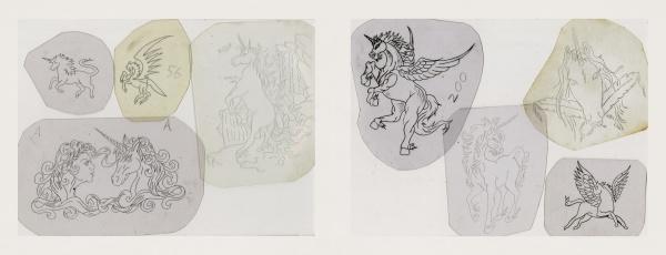 Classic Tattoo Stencils 2 by Schiffer Publishing, Ltd. features two groups of pencil sketches with unicorns and winged horses in dynamic poses, inspired by mid-20th-century antique tattoo stencil designs.