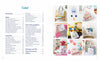 On the left, the table of contents for Schiffer Publishing’s "Fables & Fairy Tales to Cross Stitch" lists sections and pages; on the right, colorful photos display handmade items like fairy tale cross stitch cushions and Véronique Enginger–inspired quilts.