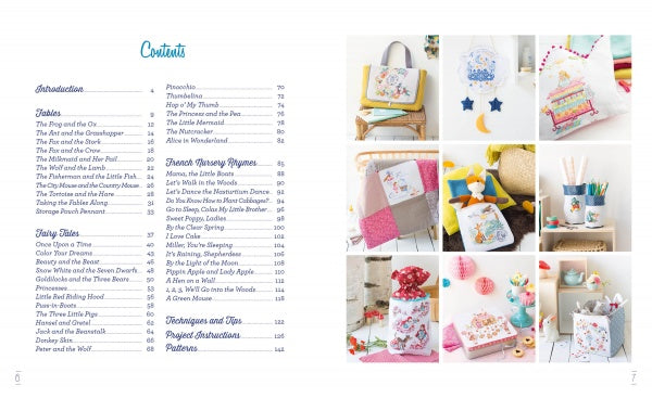 On the left, the table of contents for Schiffer Publishing’s "Fables & Fairy Tales to Cross Stitch" lists sections and pages; on the right, colorful photos display handmade items like fairy tale cross stitch cushions and Véronique Enginger–inspired quilts.