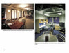 “Power Rooms” by Schiffer Publishing, Ltd. features two office interiors: one with warm wood furniture and red chairs, the other a modern area with blue chairs, computers, and exposed ceiling pipes.