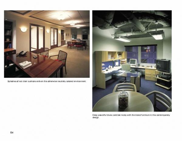 “Power Rooms” by Schiffer Publishing, Ltd. features two office interiors: one with warm wood furniture and red chairs, the other a modern area with blue chairs, computers, and exposed ceiling pipes.