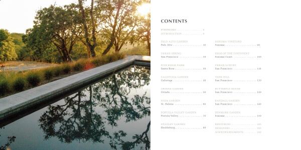 A serene outdoor pool bordered by stone and grasses evokes Northern California gardens, as featured in "Regional Landscape Architecture: Northern California" by Schiffer Publishing, Ltd.; a table nearby lists garden locations and page numbers.