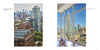 Split image: Left features cityscape with brick and glass buildings, trees, and skyscrapers. Right showcases a sunlit room with large windows and panoramic views of New York City and the Empire State Building. Vista Manhattan by Schiffer Publishing, Ltd.