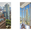 Split image: Left features cityscape with brick and glass buildings, trees, and skyscrapers. Right showcases a sunlit room with large windows and panoramic views of New York City and the Empire State Building. Vista Manhattan by Schiffer Publishing, Ltd.