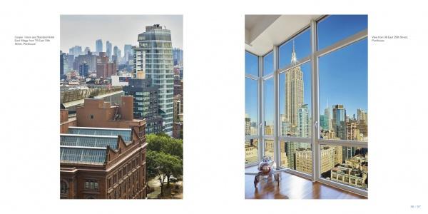 Split image: Left features cityscape with brick and glass buildings, trees, and skyscrapers. Right showcases a sunlit room with large windows and panoramic views of New York City and the Empire State Building. Vista Manhattan by Schiffer Publishing, Ltd.