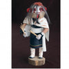 A carved female figure inspired by Hopi Kachinas, wearing a white shawl and dark garment with white trim, fur hair, red and white face paint, holding sticks. Product: Hopi Kachinas by Schiffer Publishing, Ltd.