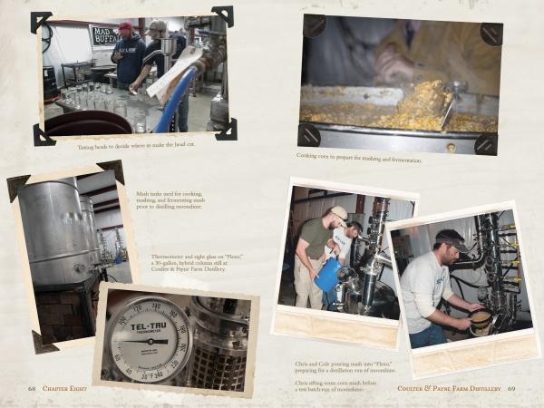 A collage of six photos depicts the artisanal process behind Coulter & Payne Farm Distillery’s 101 Uses for Moonshine, showing bottling, operating equipment, and ingredient prep, with handwritten notes, published by Schiffer Publishing, Ltd.