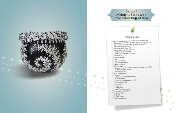 A black round vase with white fern patterns, crafted using a wax design technique and a crocheted ruffled rim, is shown. To the right: a supply list from Schiffer Publishing’s "Wax on Gourds," Chapter 7 Midnight Ferns with Crocheted Ruffled Rim.