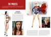 A spread from Alvarado's Cosplay Pin-ups (Schiffer Publishing, Ltd.) features a model in black strappy lingerie and as Supergirl—merging pin-up and pop culture. Below, she appears without makeup in a casual look; the text discusses working with models.