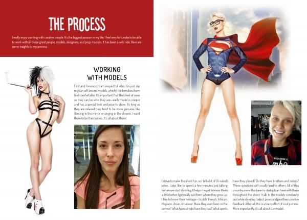 A spread from Alvarado's Cosplay Pin-ups (Schiffer Publishing, Ltd.) features a model in black strappy lingerie and as Supergirl—merging pin-up and pop culture. Below, she appears without makeup in a casual look; the text discusses working with models.