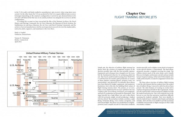 A spread from Schiffer Publishing’s "Training the Right Stuff" shows a chart of U.S. military training aircraft timelines left, and right, Chapter One: Flight Training Before Jets with a vintage biplane photo and early aviator.