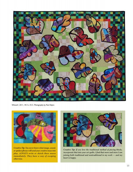 Cutting-Edge Art Quilts by Schiffer Publishing, Ltd. features a vibrant patchwork fish art quilt on green and black checks, with close-up images of detailed fish designs and creative quilting tips in yellow text boxes.