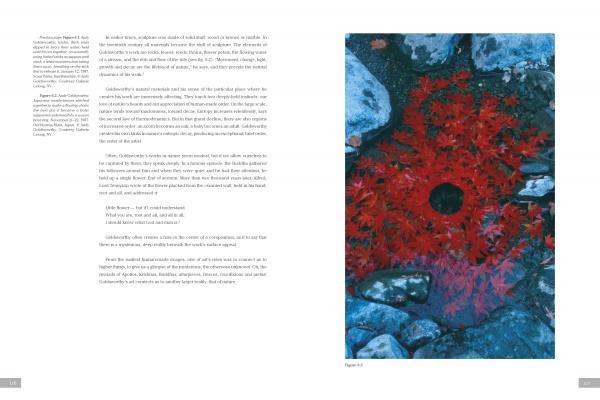 A spread from "The Experience of Modern Sculpture" by Schiffer Publishing, Ltd. features text on the left and a photo on the right of bright red autumn leaves in a circle on a pond, framed by gray rocks and blue water.