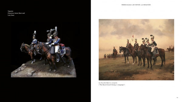 On the left, three miniaturist cavalry figures in blue ride over rocky terrain. On the right, Ferrer-Dalmau by Schiffer Publishing, Ltd. shows realistic cavalrymen on horseback in an open field with troops behind them.